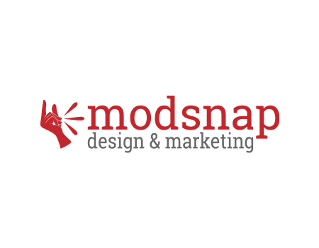 Modsnap Design logo in red with a hand snapping.